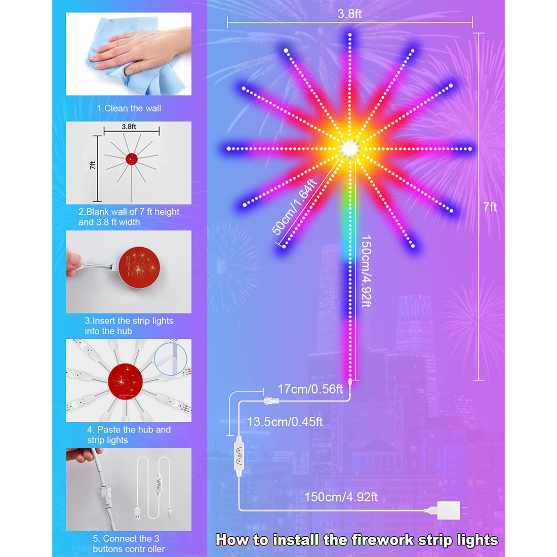 RGB Smart LED Firework Strip Lights Размер представить